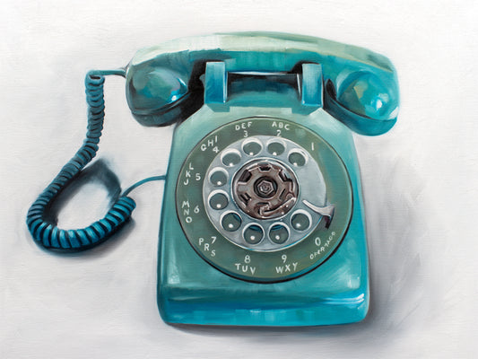 This artwork features a retro aqua rotary phone with loose painterly strokes on a white background.