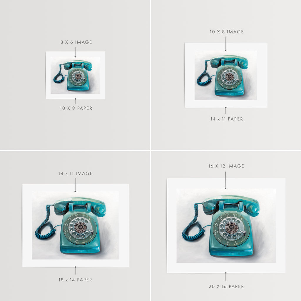 This artwork features a retro aqua rotary phone with loose painterly strokes on a white background.