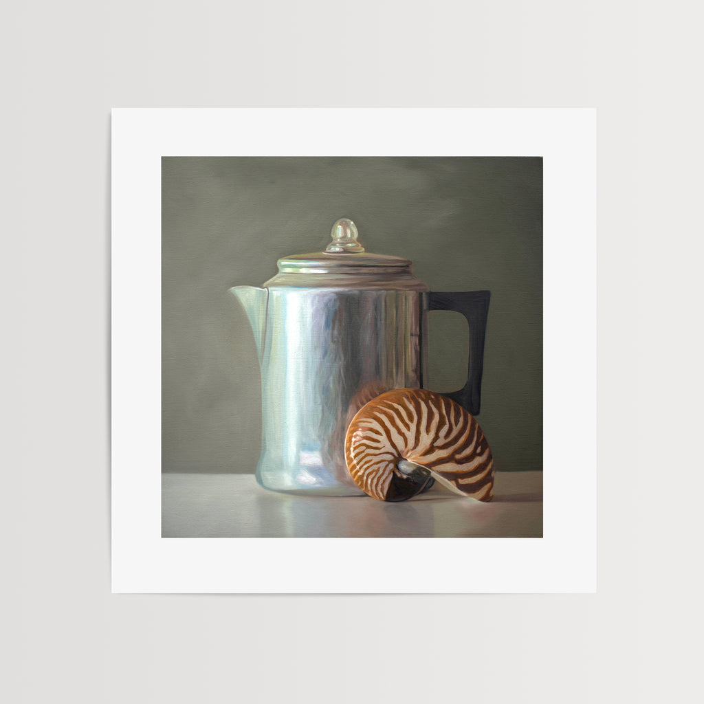 This artwork features a nautilus shell resting next to a vintage tea kettle.This artwork is from a series featuring tea kettles paired with various objects.