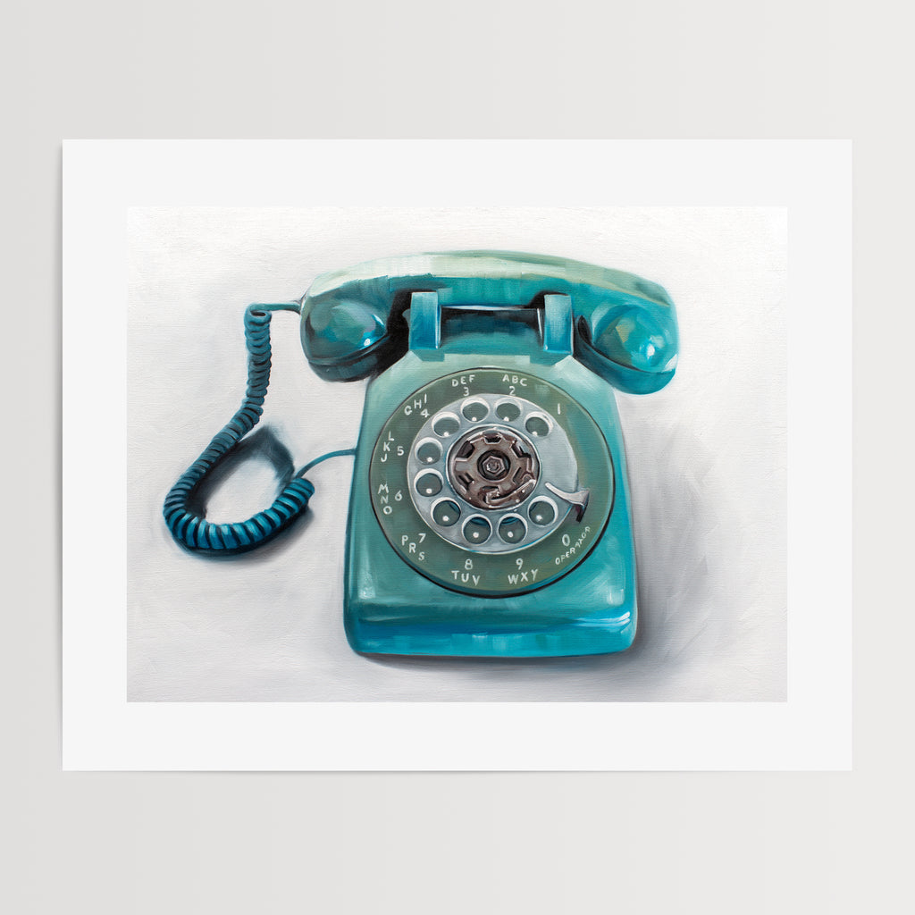 This artwork features a retro aqua rotary phone with loose painterly strokes on a white background.