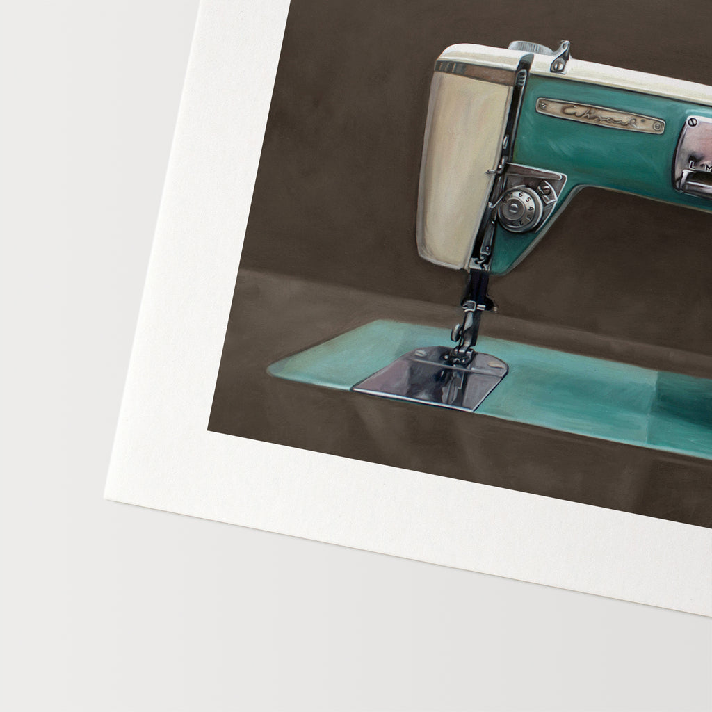 This artwork features a Wizard vintage turquoise sewing machine with a dark grey background with brown undertones.