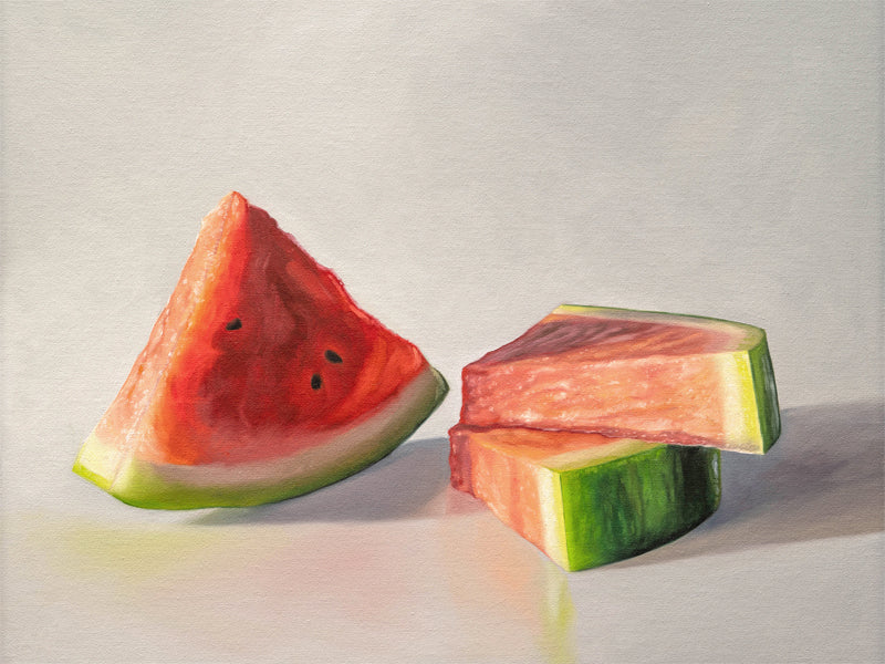 This painting features a trio of fresh watermelon slices resting on a light surface with dramatic lighting.