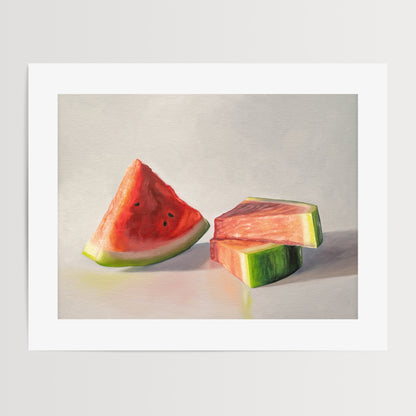 This painting features a trio of fresh watermelon slices resting on a light surface with dramatic lighting.