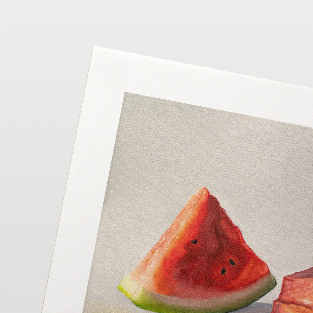 This painting features a trio of fresh watermelon slices resting on a light surface with dramatic lighting.