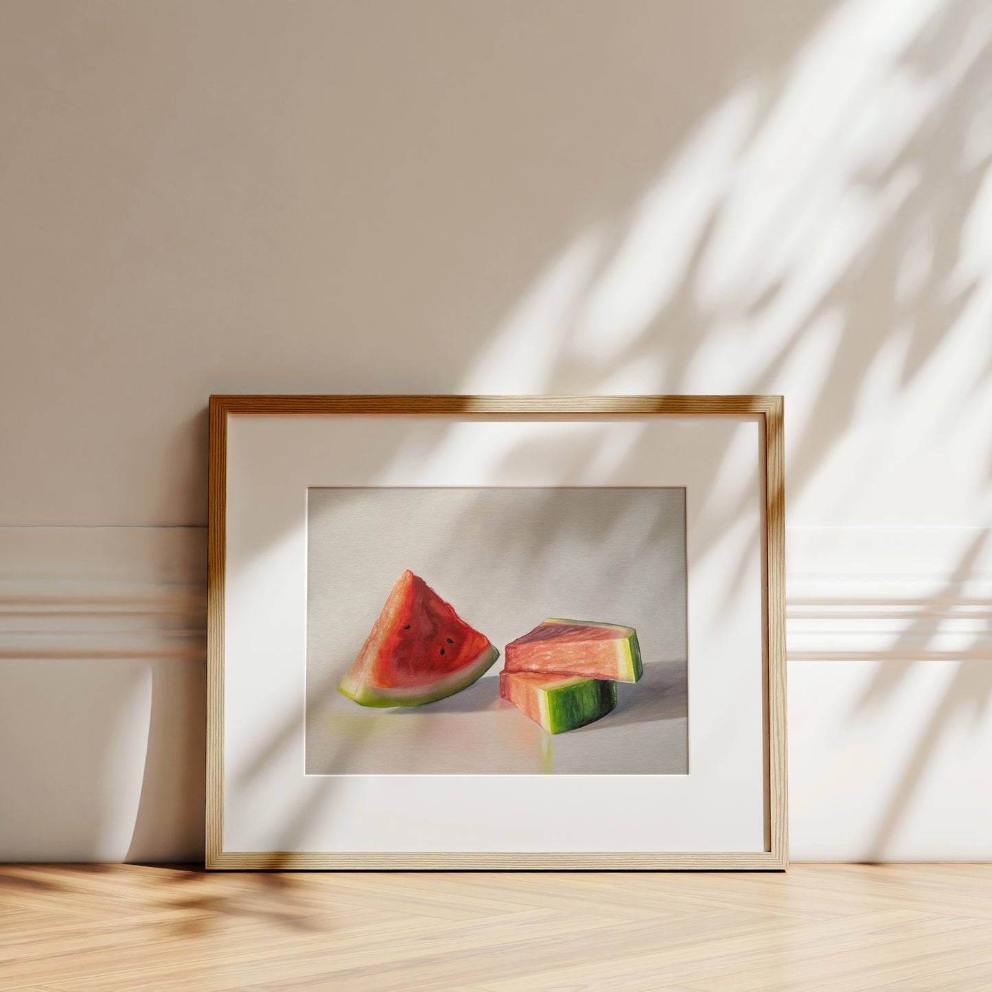 This painting features a trio of fresh watermelon slices resting on a light surface with dramatic lighting.