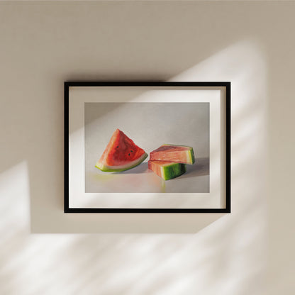 This painting features a trio of fresh watermelon slices resting on a light surface with dramatic lighting.