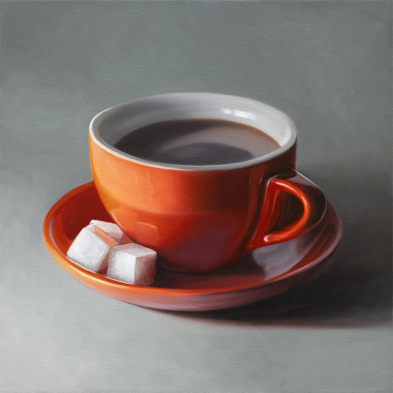 This artwork features a dark orange cup of coffee with saucer and three sugar cubes.