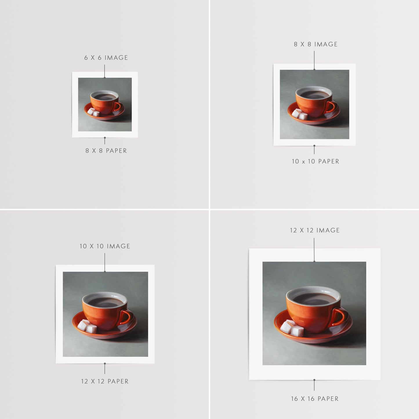 This artwork features a dark orange cup of coffee with saucer and three sugar cubes.