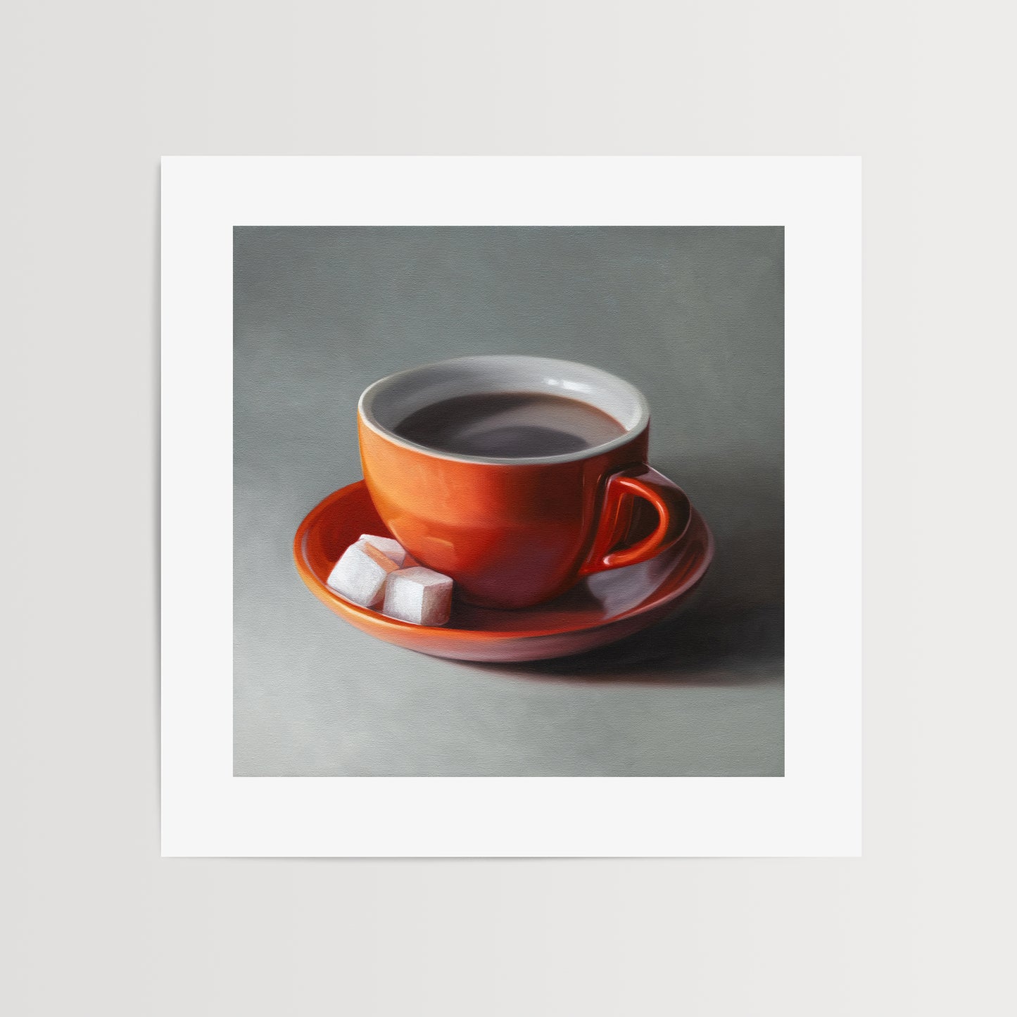 This artwork features a dark orange cup of coffee with saucer and three sugar cubes.