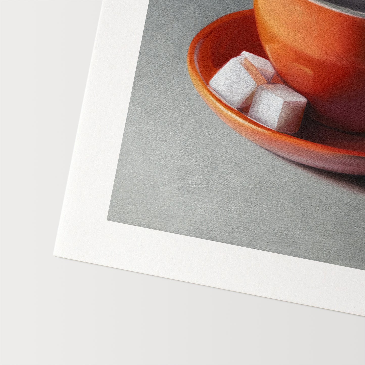 This artwork features a dark orange cup of coffee with saucer and three sugar cubes.