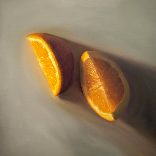 This artwork features a pair of orange wedges resting on a light grey surface with dramatic lighting.