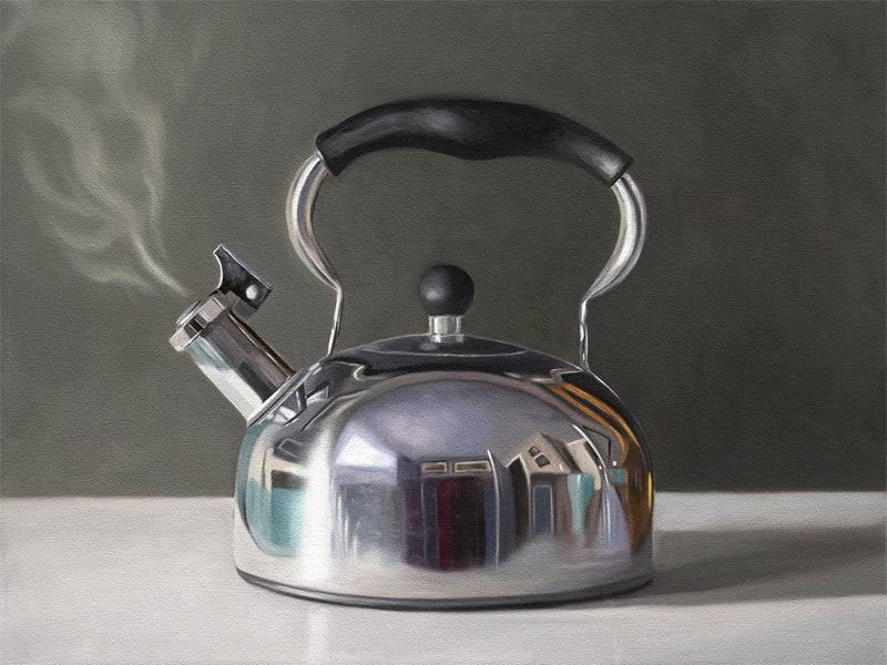 This artwork features a reflective tea kettle hitting its pressure point emitting a whistling stream of steam.