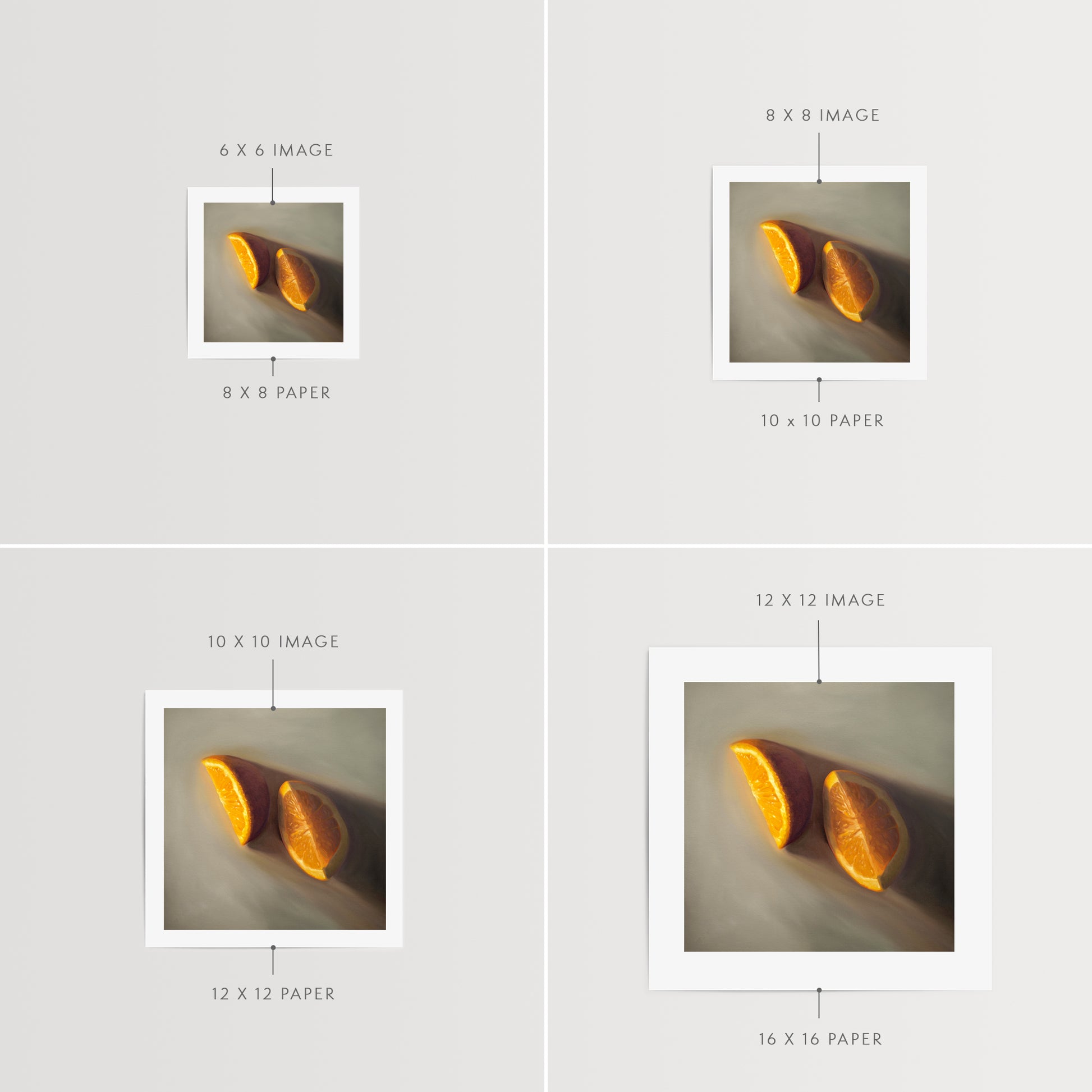 This artwork features a pair of orange wedges resting on a light grey surface with dramatic lighting.