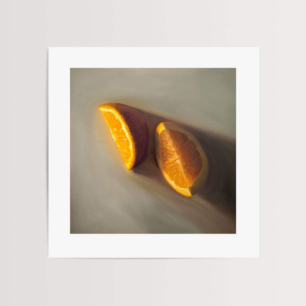 This artwork features a pair of orange wedges resting on a light grey surface with dramatic lighting.