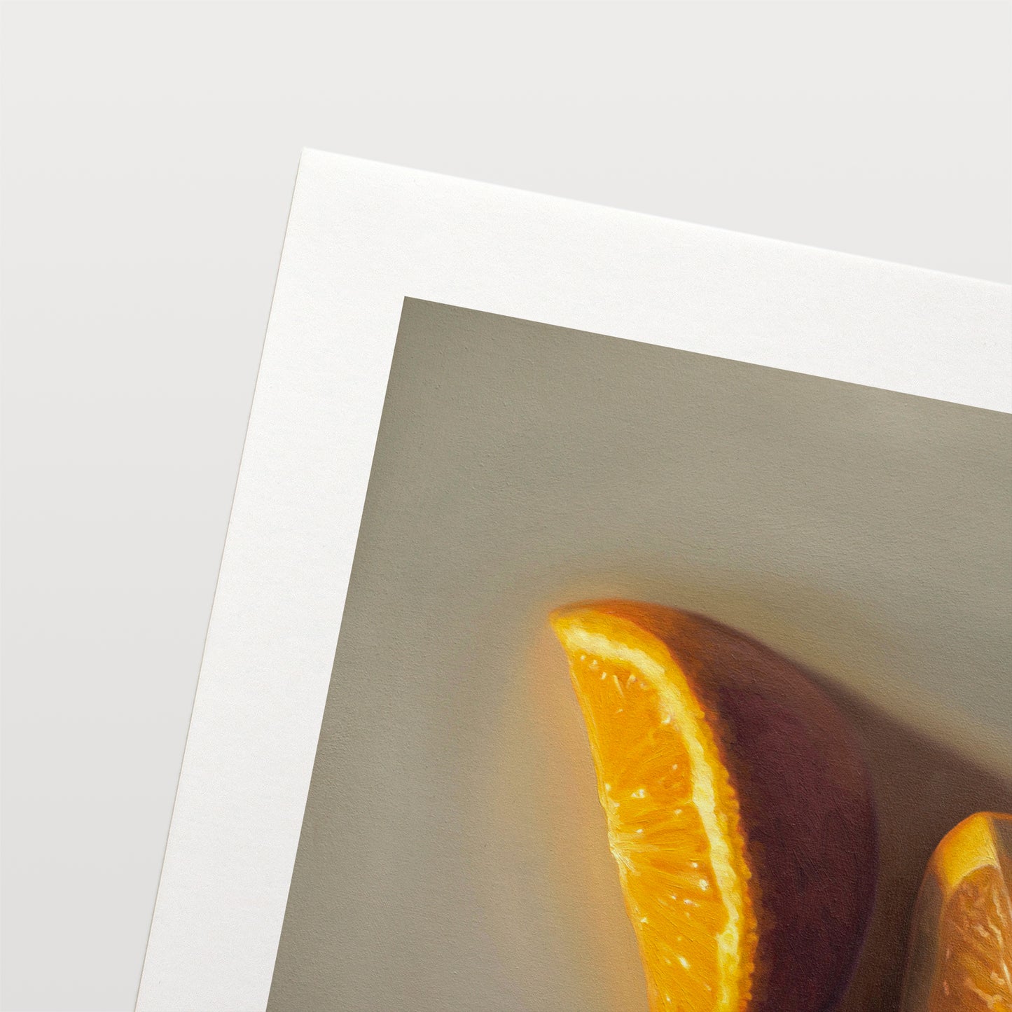 This artwork features a pair of orange wedges resting on a light grey surface with dramatic lighting.