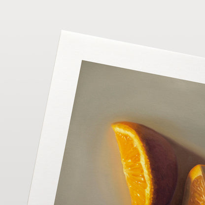 This artwork features a pair of orange wedges resting on a light grey surface with dramatic lighting.