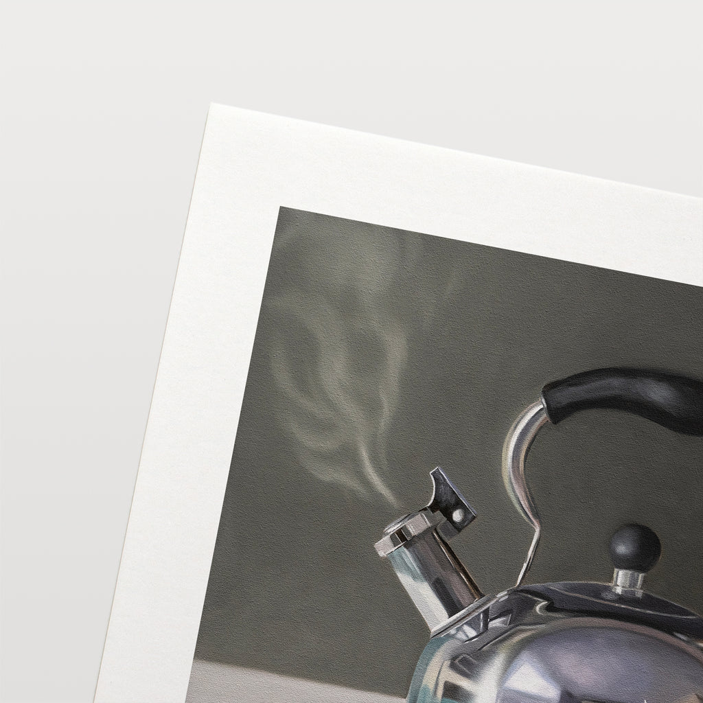 This artwork features a reflective tea kettle hitting its pressure point emitting a whistling stream of steam.