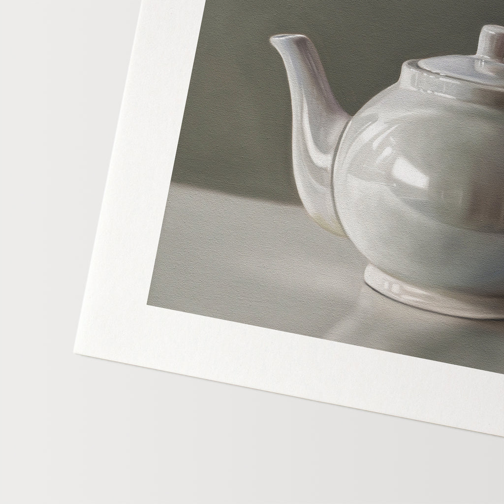 This artwork features a delicate white teapot resting on a light surface with a neutral grey background.