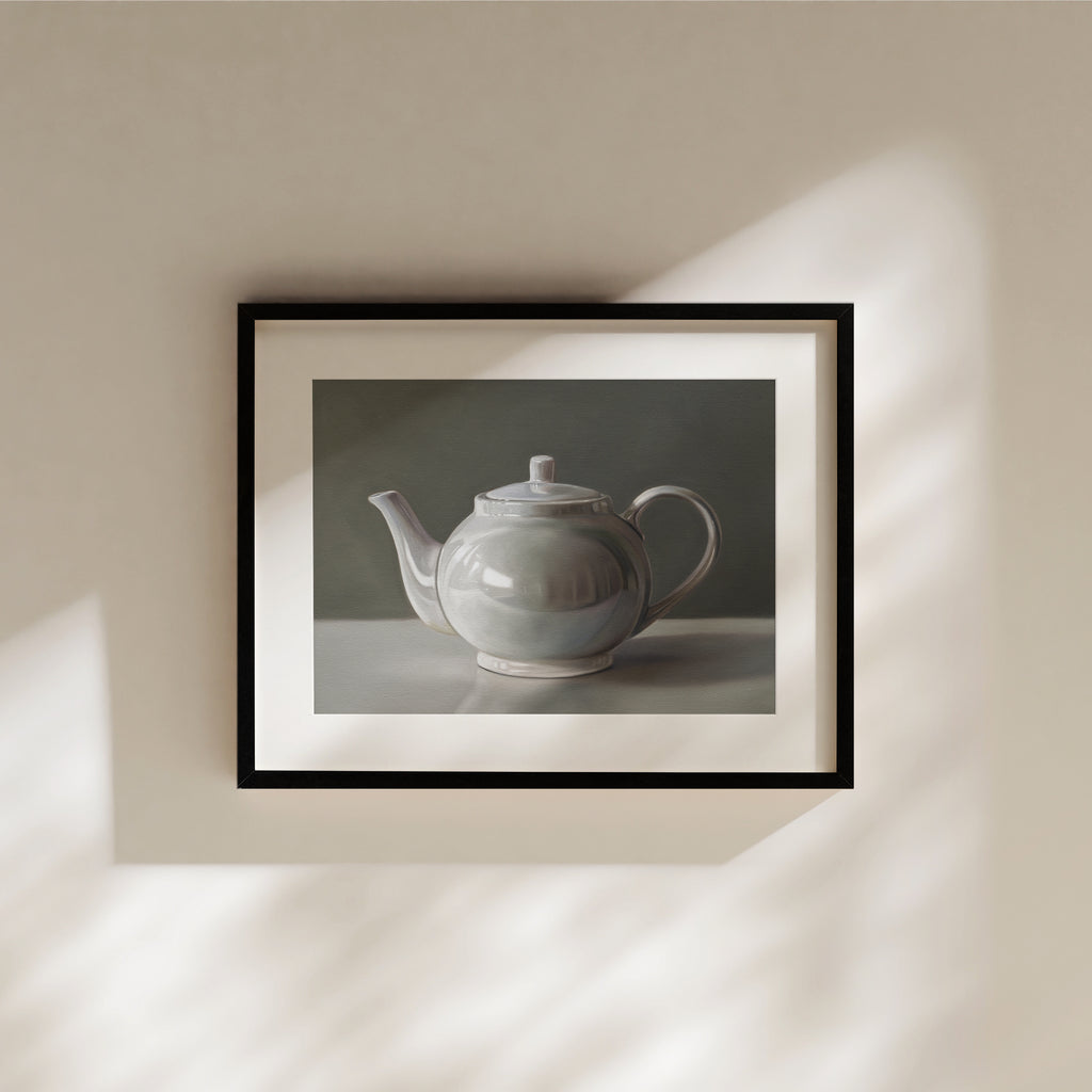 This artwork features a delicate white teapot resting on a light surface with a neutral grey background.