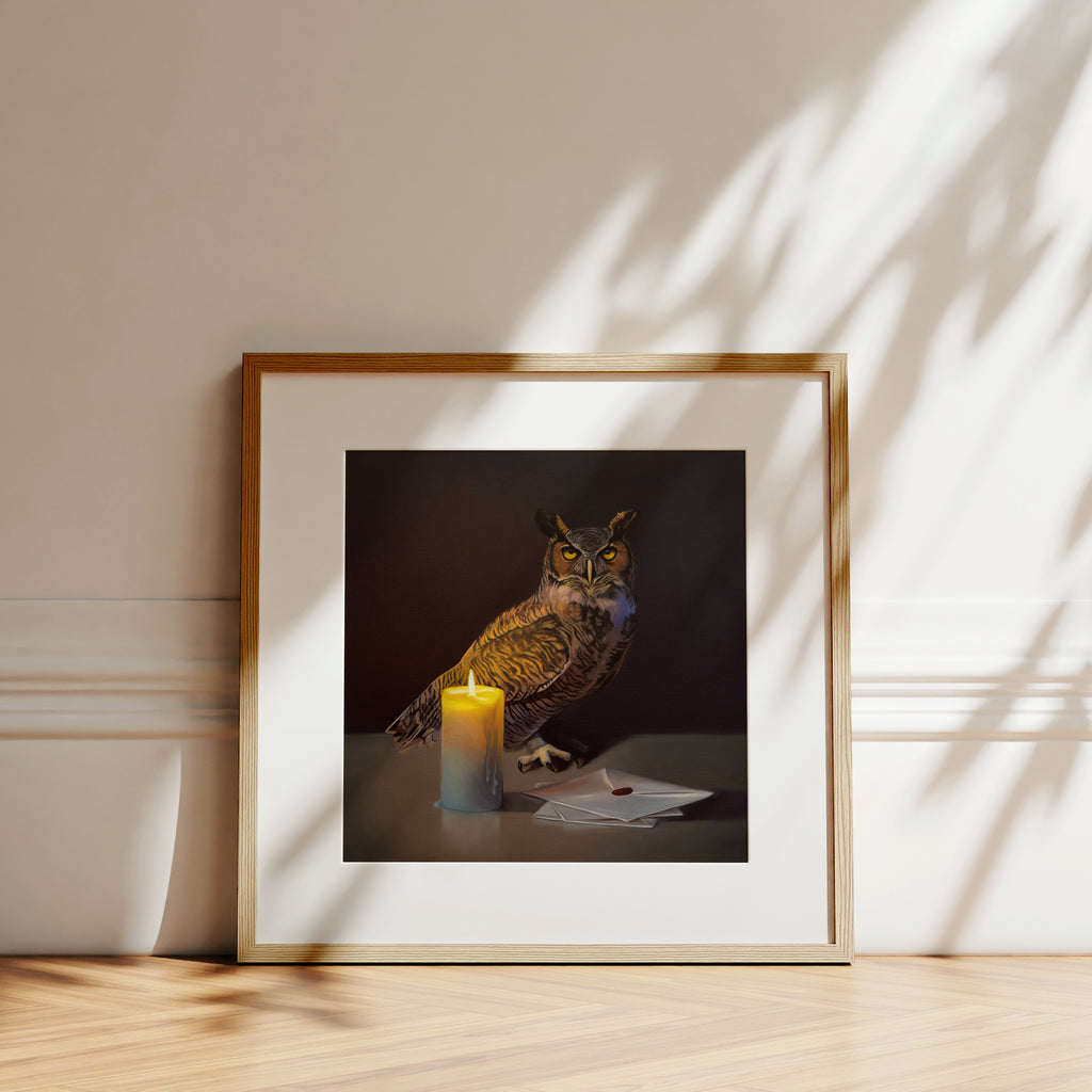 This artwork features a Great Horned Owl standing next to a candle-lit trio of letters with a dark and moody background.