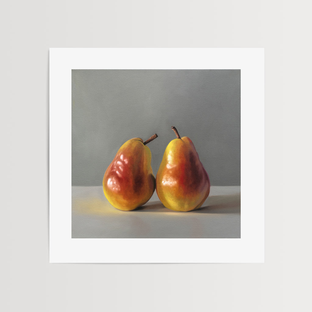 This artwork features two pears strategically placed next to one another and seemingly having a tender moment.