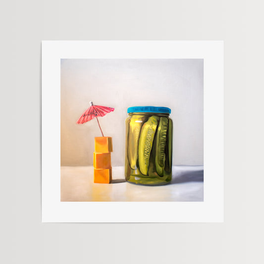 This artwork features a glass jar of pickles alongside a stack of cheese cubes relaxing under a drink umbrella.