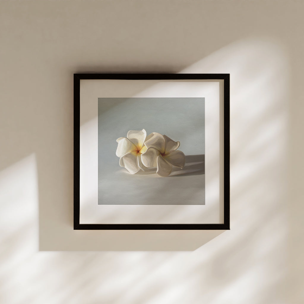 This artwork features a pair of white plumeria blossoms resting on a light bluegrey surface.