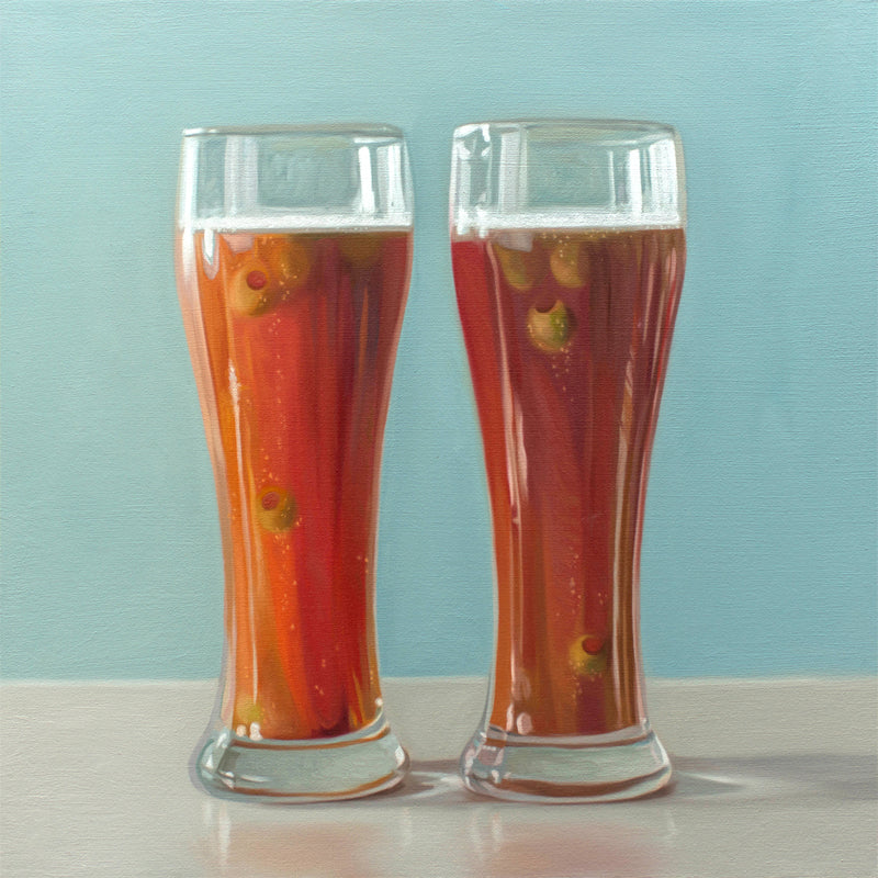 This artwork features two pilsner glasses with red beer and olives.