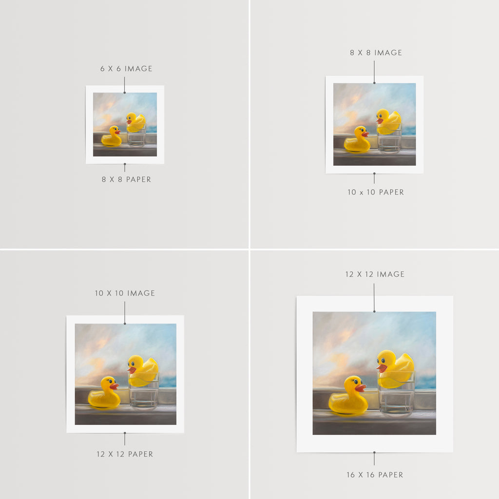 This artwork features a pair of yellow rubber duckies enjoying a swim in their pool, which in their case happens to be a glass of water!
