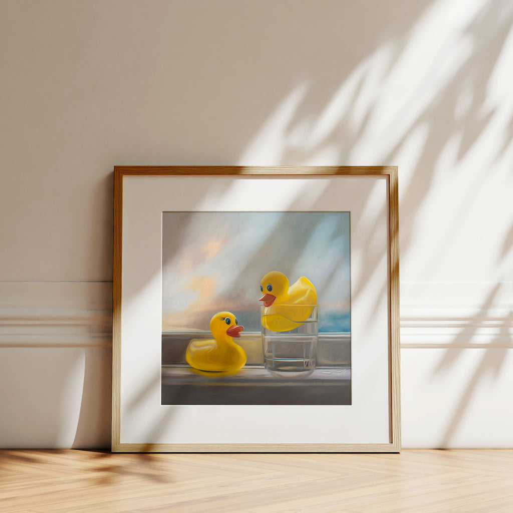 This artwork features a pair of yellow rubber duckies enjoying a swim in their pool, which in their case happens to be a glass of water!
