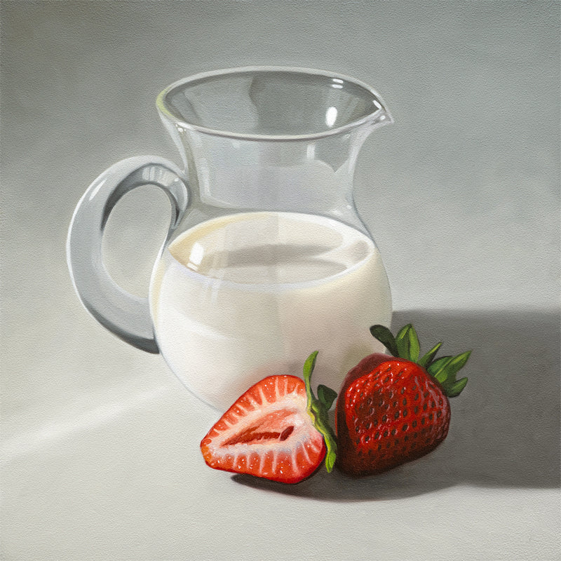 This artwork features two strawberries situated beside a glass pitcher of cream.