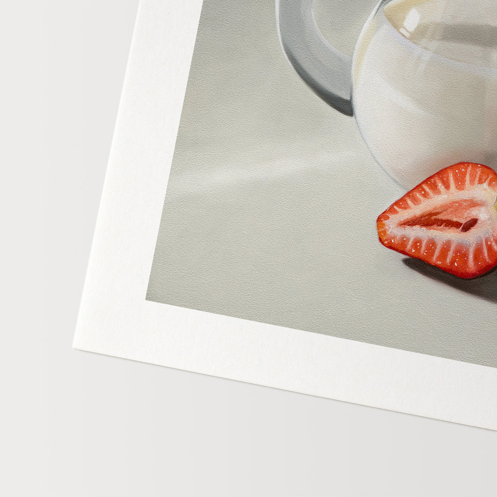 This artwork features two strawberries situated beside a glass pitcher of cream.
