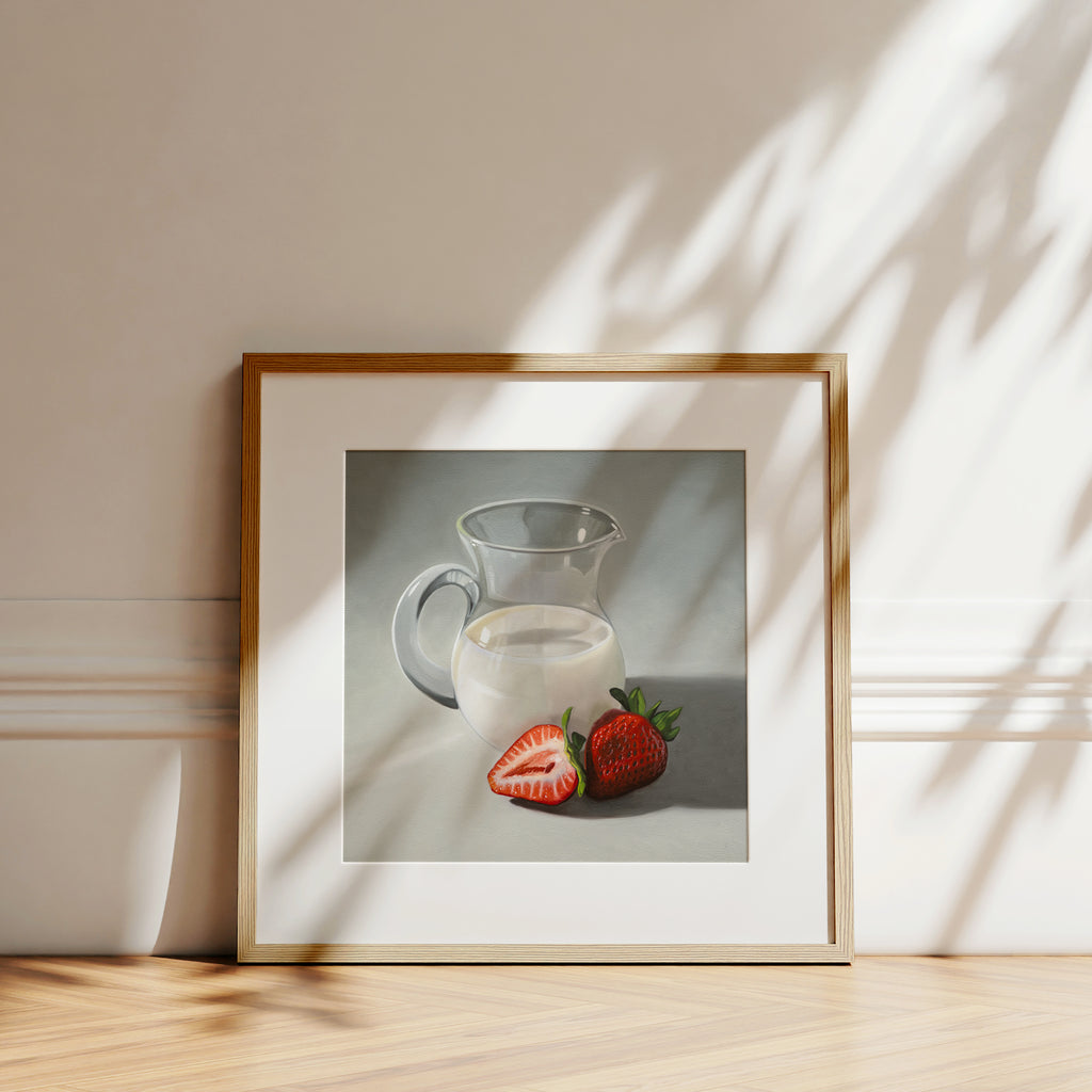 This artwork features two strawberries situated beside a glass pitcher of cream.