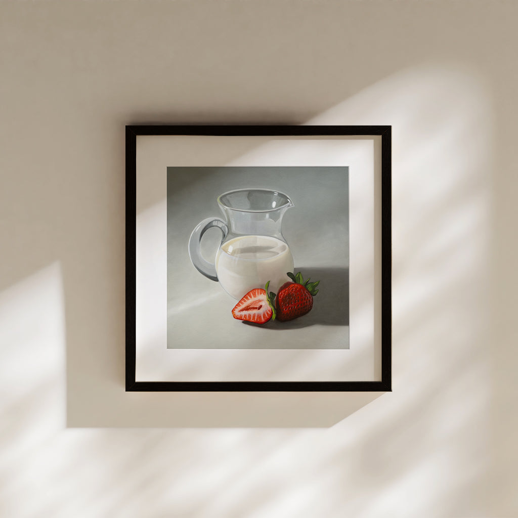 This artwork features two strawberries situated beside a glass pitcher of cream.