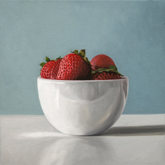 This artwork features a white porcelain cup filled with plump strawberries.