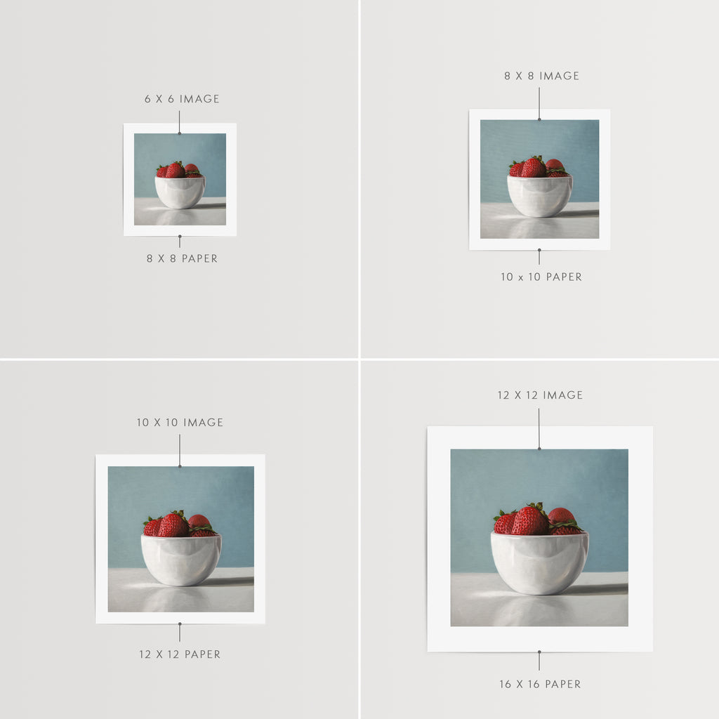 This artwork features a white porcelain cup filled with plump strawberries.