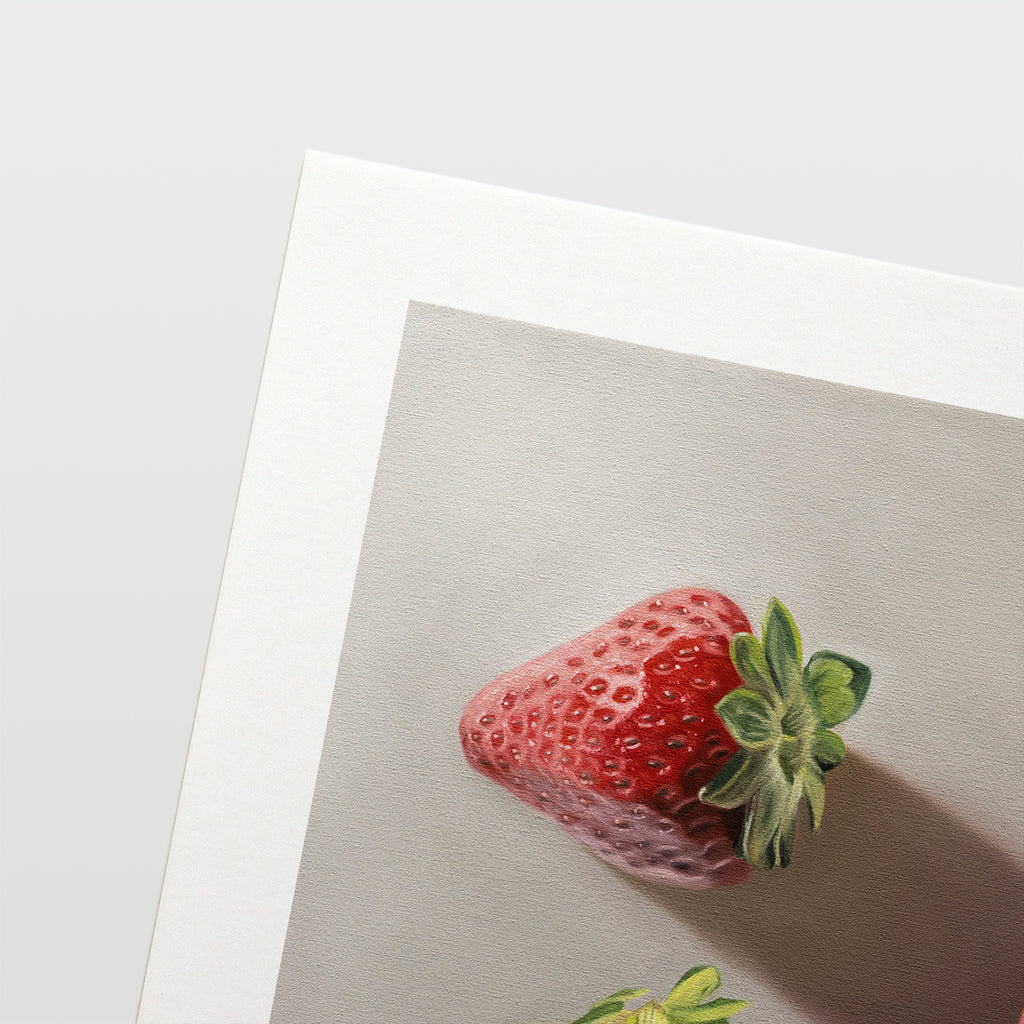 This artwork features a trio of bright red strawberries resting on a neutral grey surface with dramatic light and shadows.