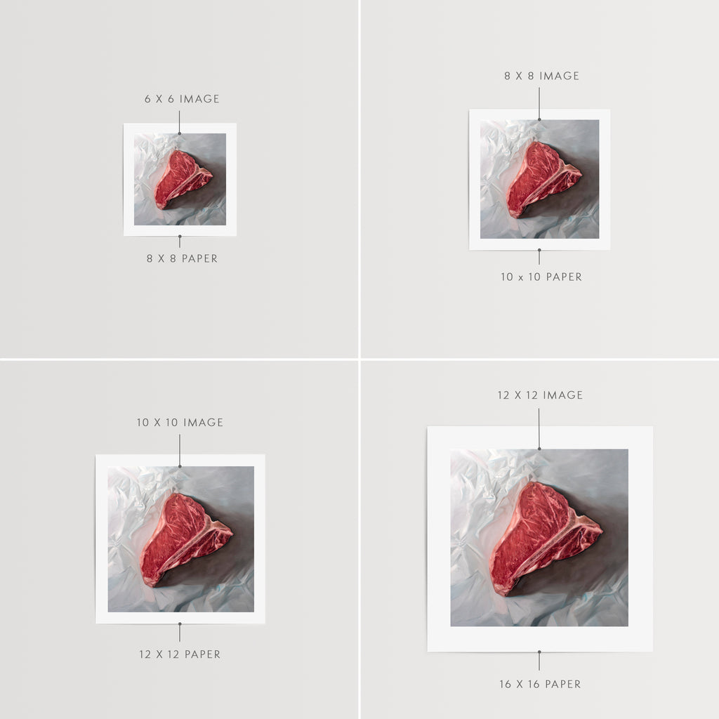 This artwork features a fresh t-bone resting upon a crinkled white wax paper sheet.