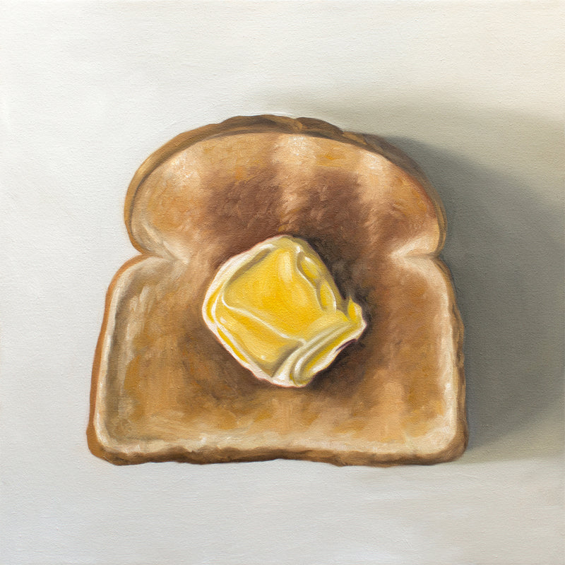 This artwork features a piece of freshly toasted bread with a nice dollop of butter.