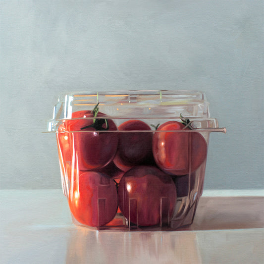 This artwork ffeatures a clear plastic basket filled with plump red tomatoes resting on a light reflective surface.