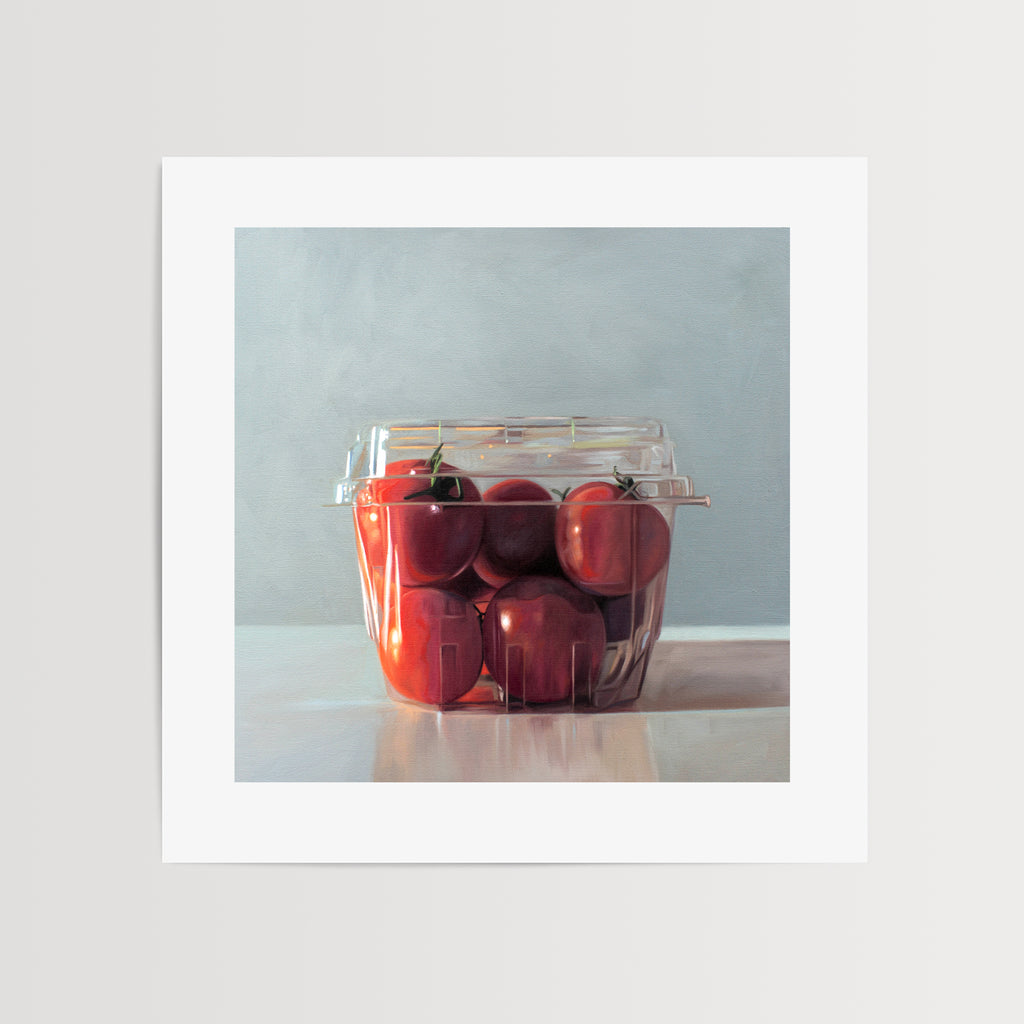 This artwork ffeatures a clear plastic basket filled with plump red tomatoes resting on a light reflective surface.