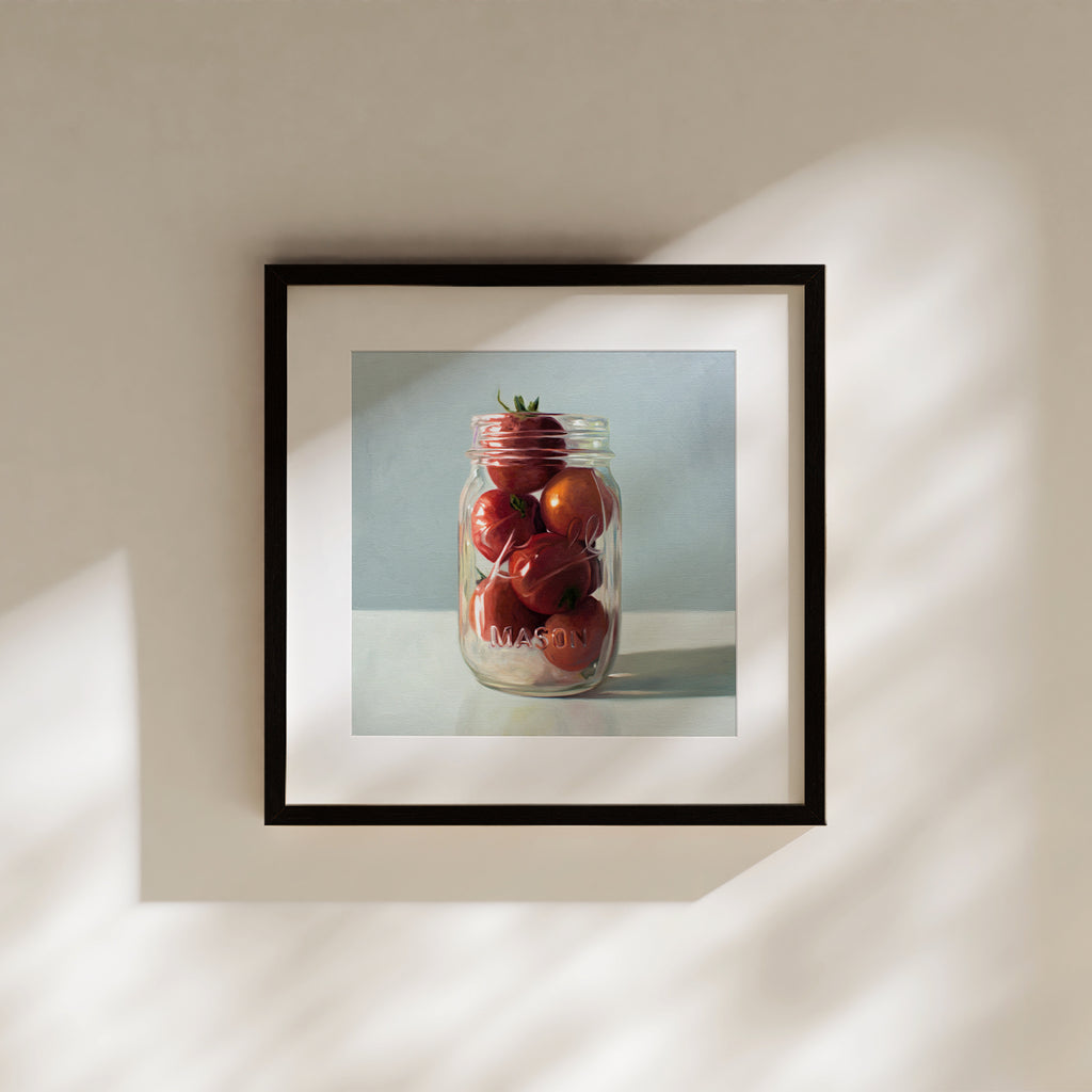 This artwork features a clear glass jar filled to the brim with juicy red tomatoes.