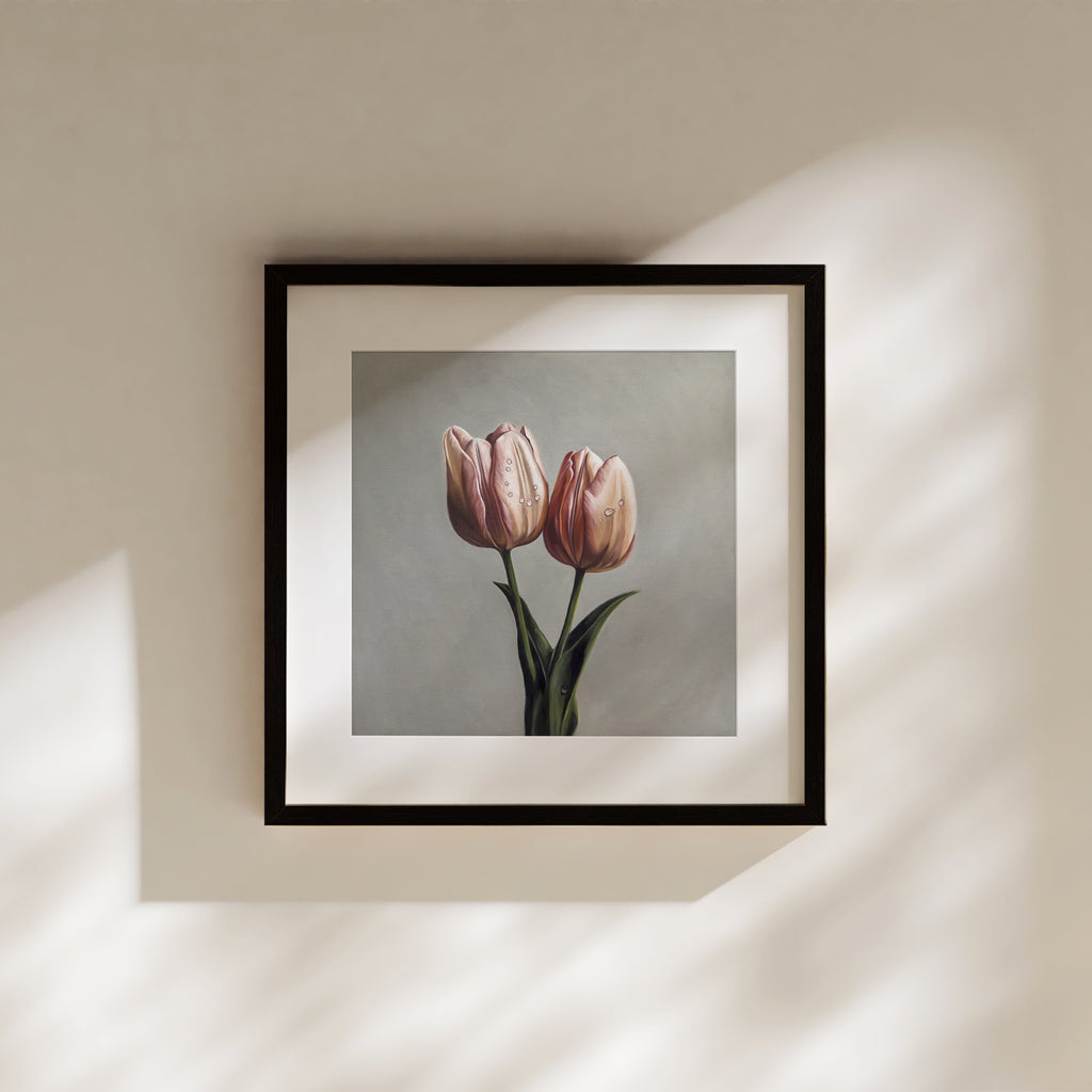 This painting featuress a duo of tulips adorned with a few glistening droplets of dew.