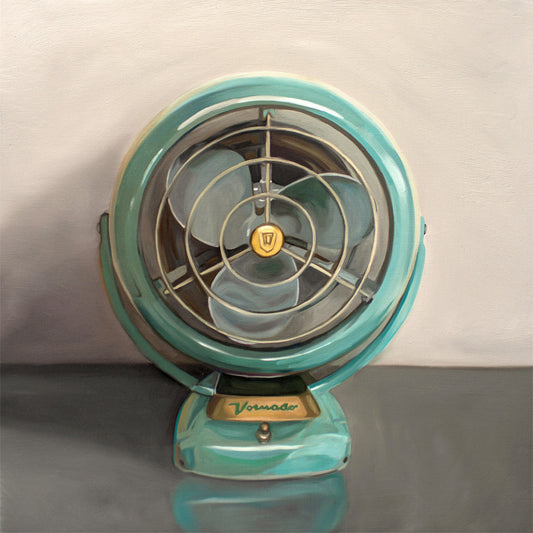 This artwork features a vintage turquoise fan resting on a dark surface with dramatic side lighting.