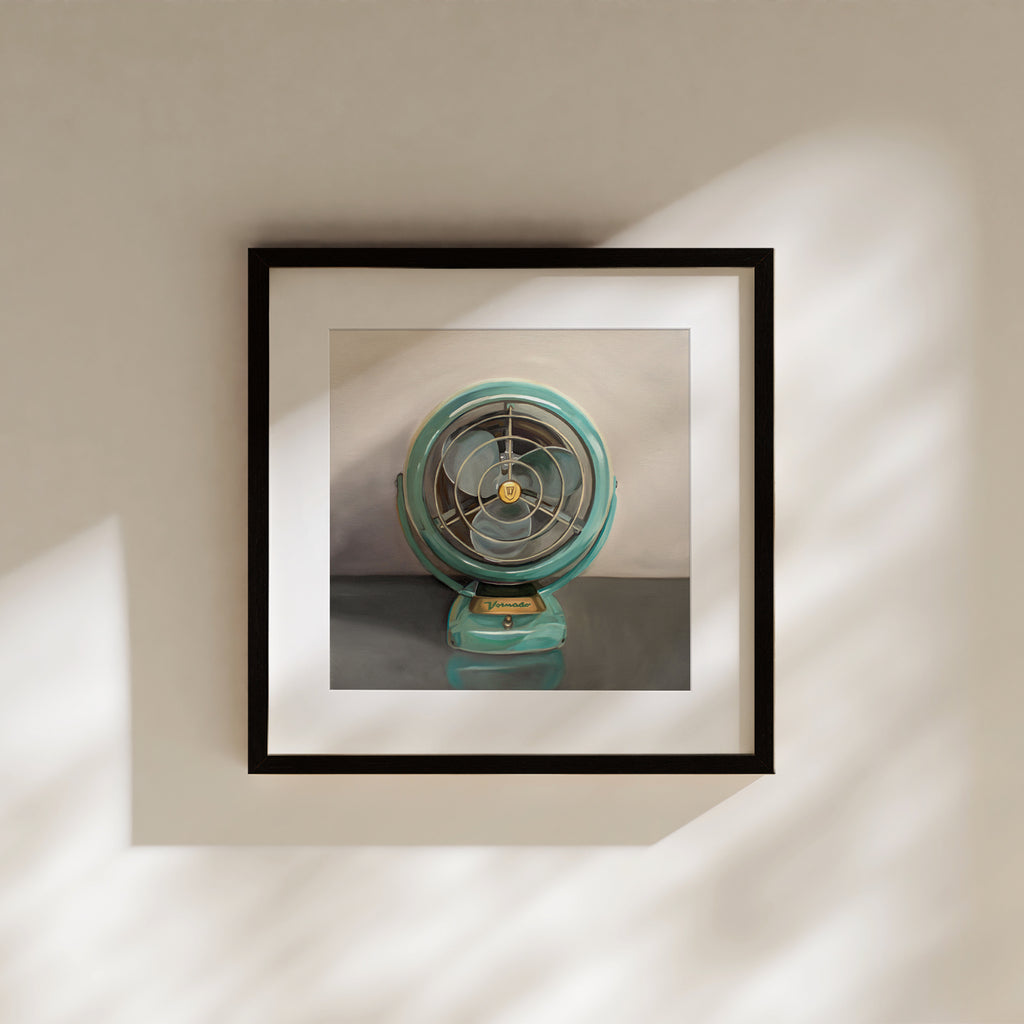 This artwork features a vintage turquoise fan resting on a dark surface with dramatic side lighting.