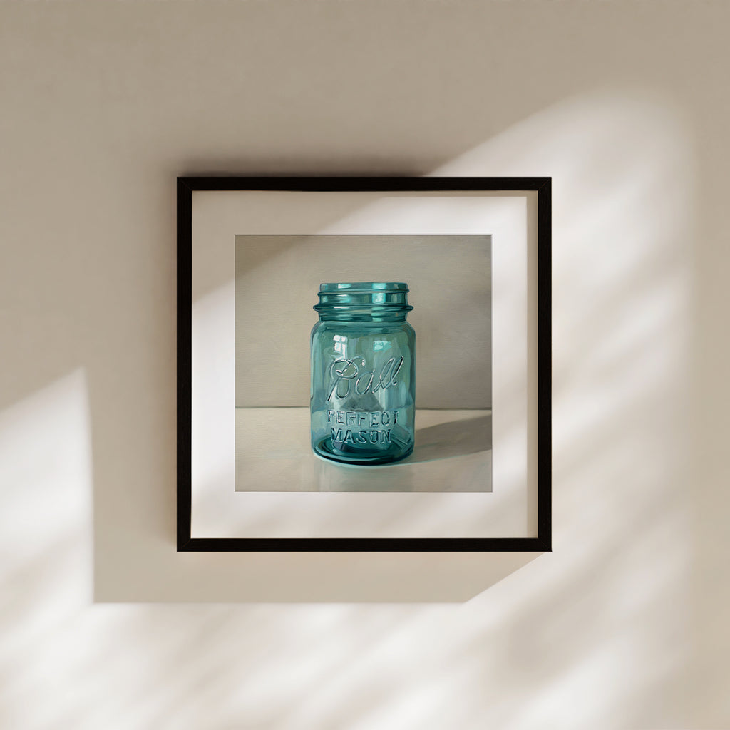 This artwork features a classic vintage blue glass jar on a light reflective surface.