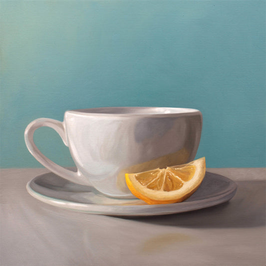 This artwork features a porcelain cup and saucer with tea and a lemon wedge with a bright turquoise background.