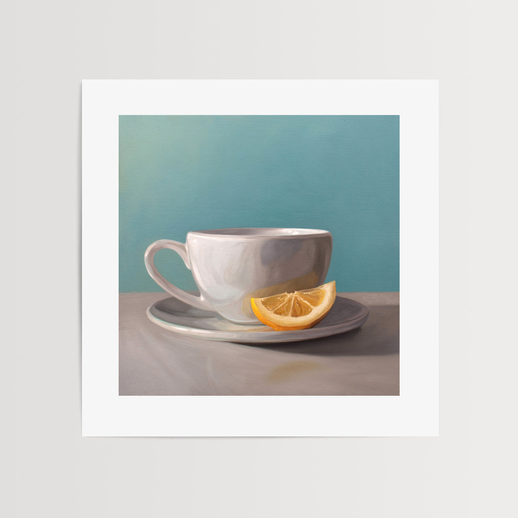 This artwork features a porcelain cup and saucer with tea and a lemon wedge with a bright turquoise background.