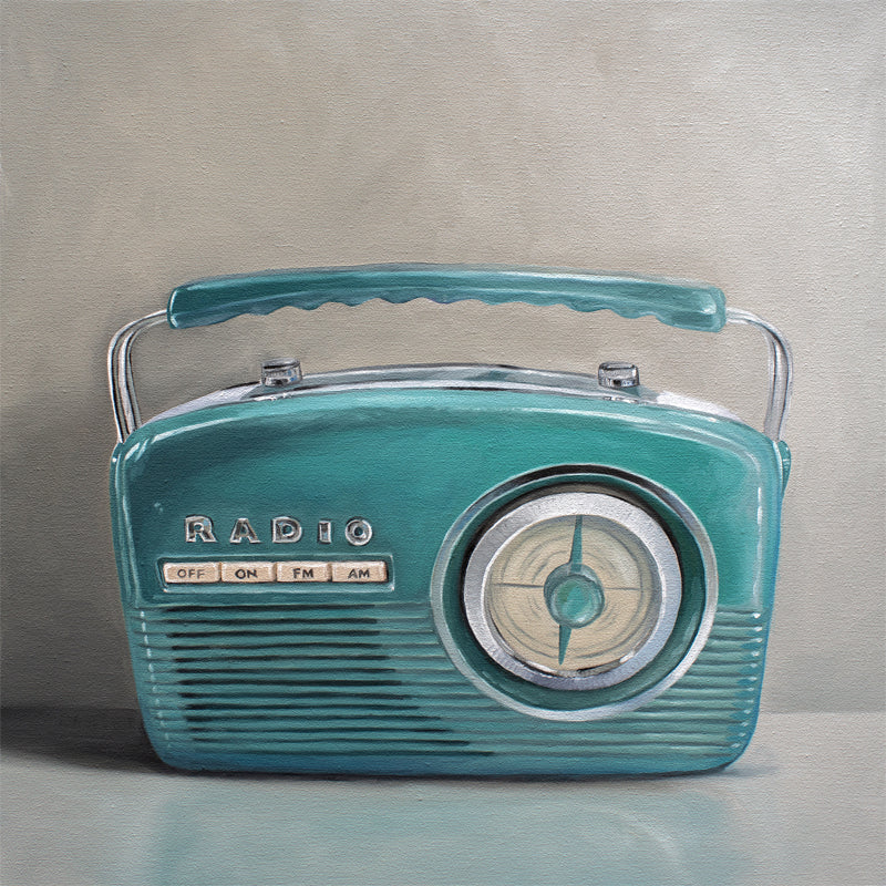 This artwork features a vintage turquoise radio resting on a light reflective surface.