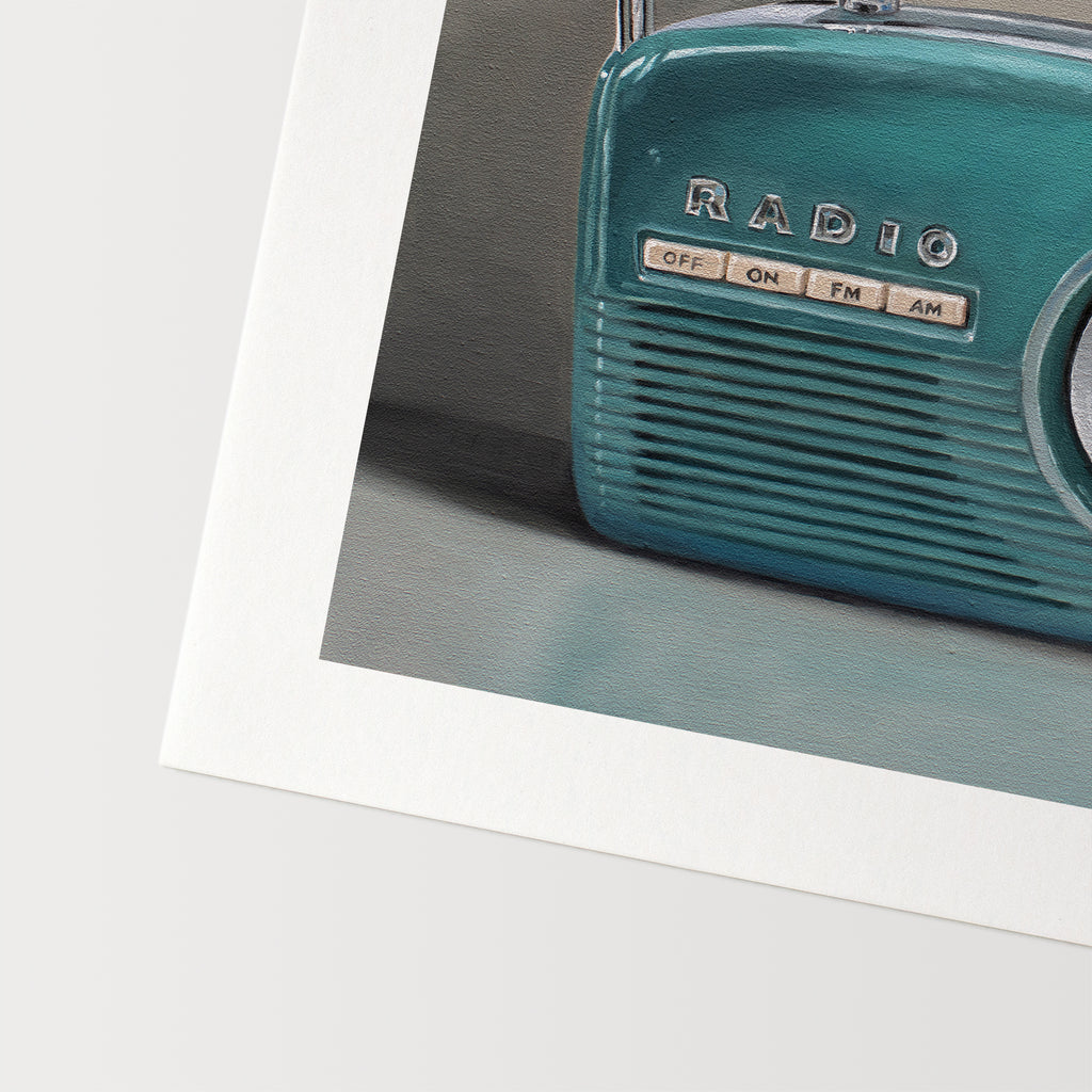 This artwork features a vintage turquoise radio resting on a light reflective surface.